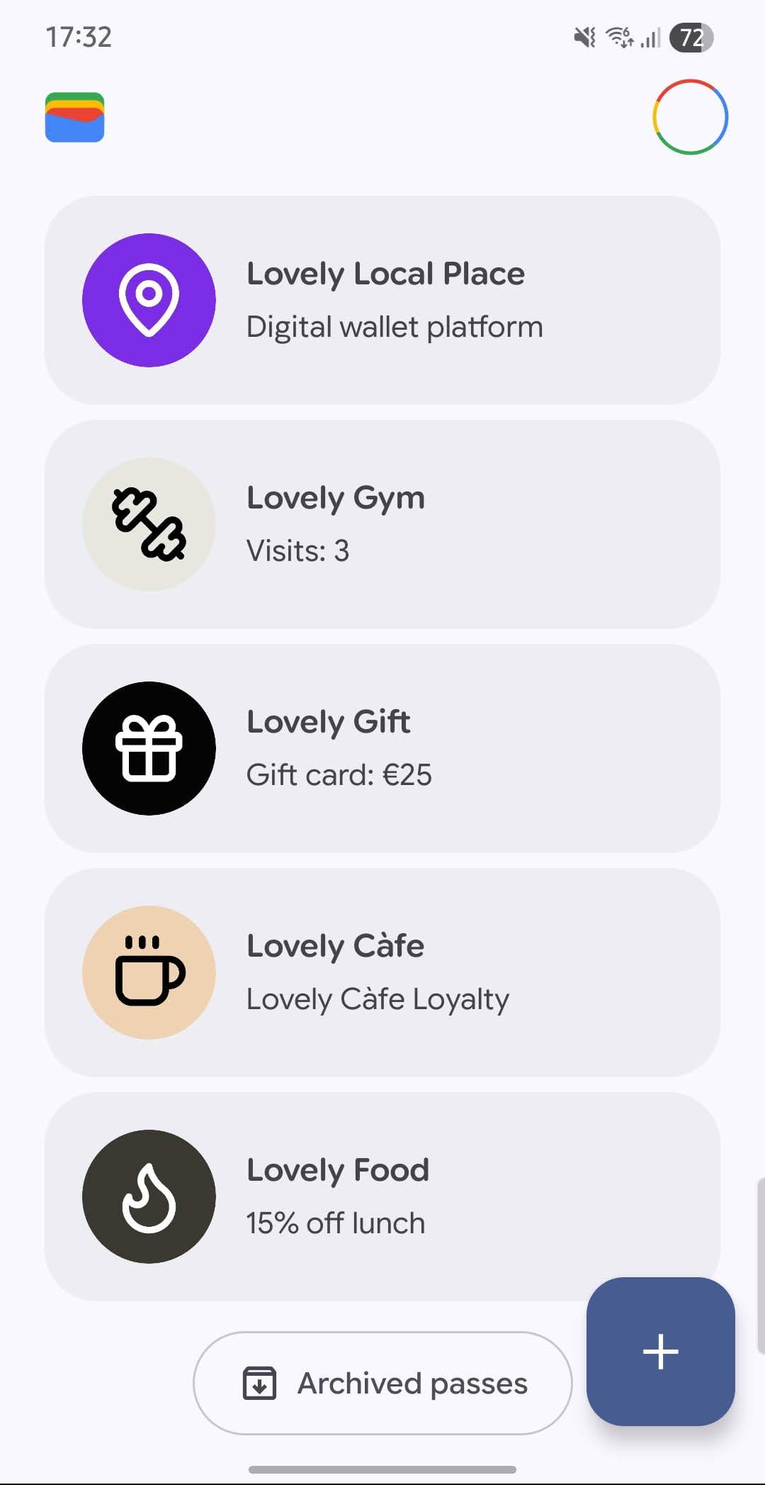 Google Wallet showing Loyably loyalty cards